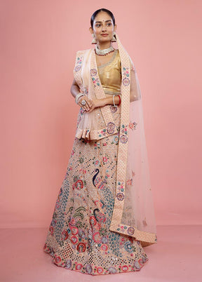 3 Pc Cream Semi Stitched Silk Lehenga Set - Indian Silk House Agencies