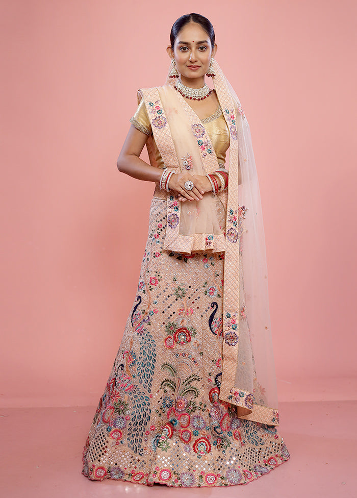 3 Pc Cream Semi Stitched Silk Lehenga Set - Indian Silk House Agencies