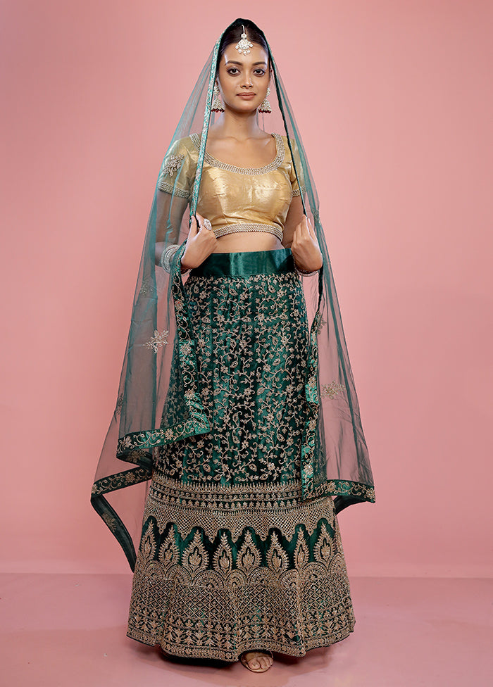 3 Pc Green Semi Stitched Silk Lehenga Set - Indian Silk House Agencies