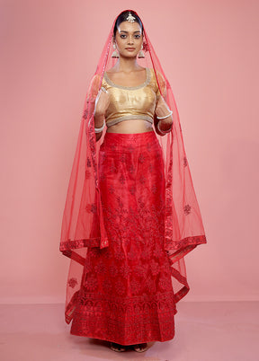 3 Pc Red Semi Stitched Silk Lehenga Set - Indian Silk House Agencies