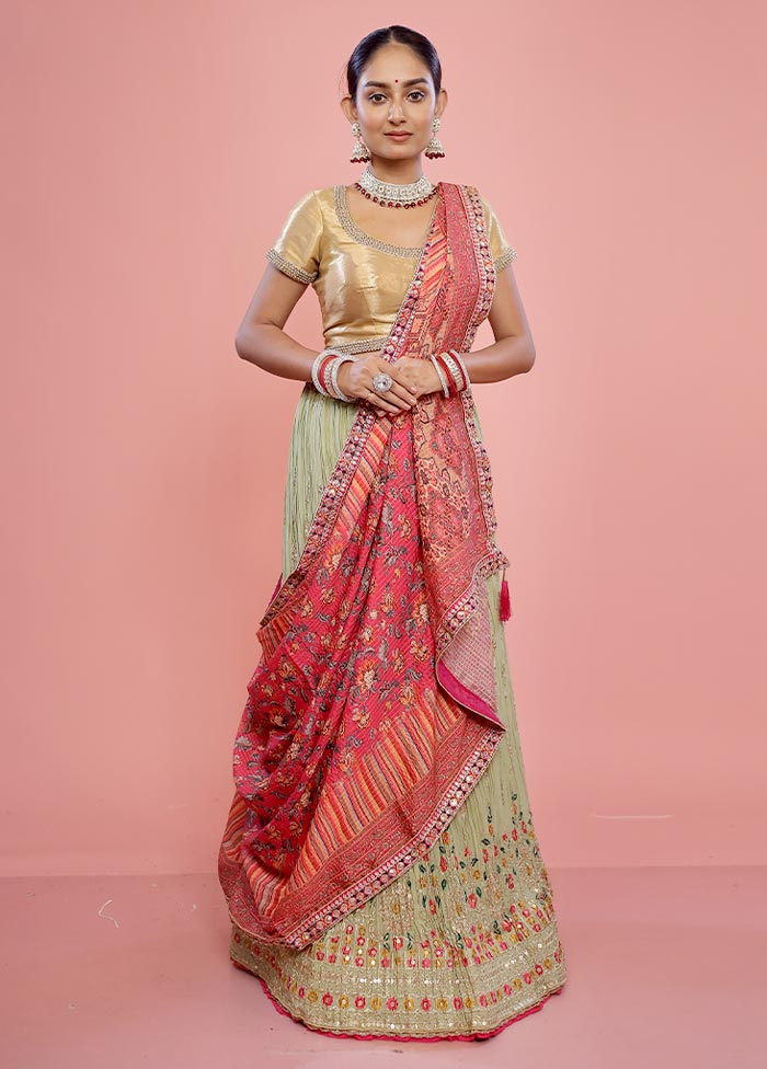 3 Pc Green Semi Stitched Silk Lehenga Set - Indian Silk House Agencies