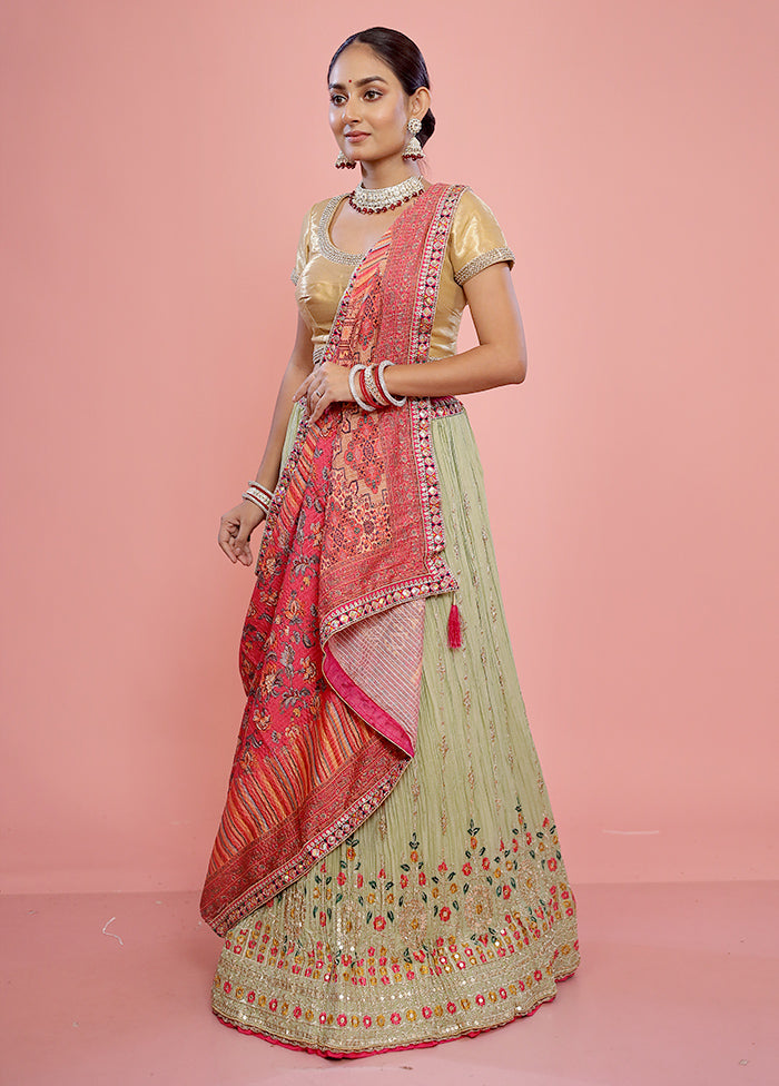 3 Pc Green Semi Stitched Silk Lehenga Set - Indian Silk House Agencies