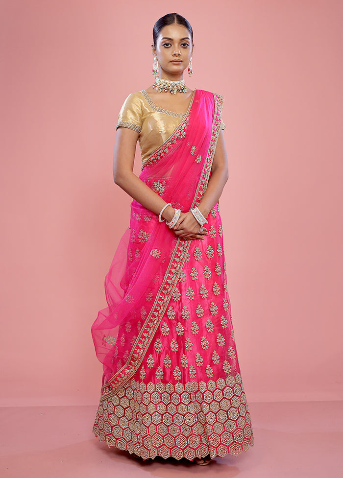 3 Pc Pink Semi Stitched Silk Lehenga Set - Indian Silk House Agencies