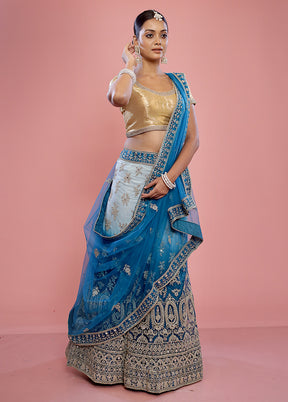 3 Pc Blue Semi Stitched Silk Lehenga Set - Indian Silk House Agencies