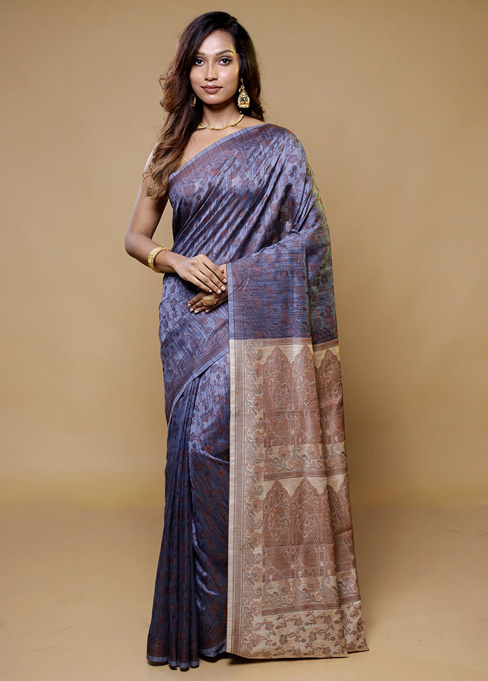 Blue Dupion Silk Saree With Blouse Piece