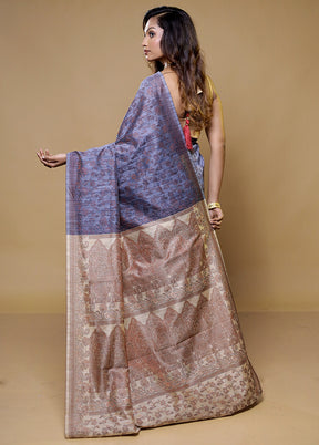 Blue Dupion Silk Saree With Blouse Piece