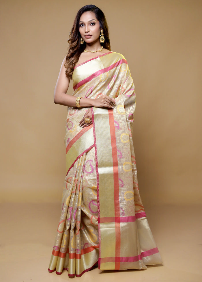 Cream Kora Silk Saree With Blouse Piece