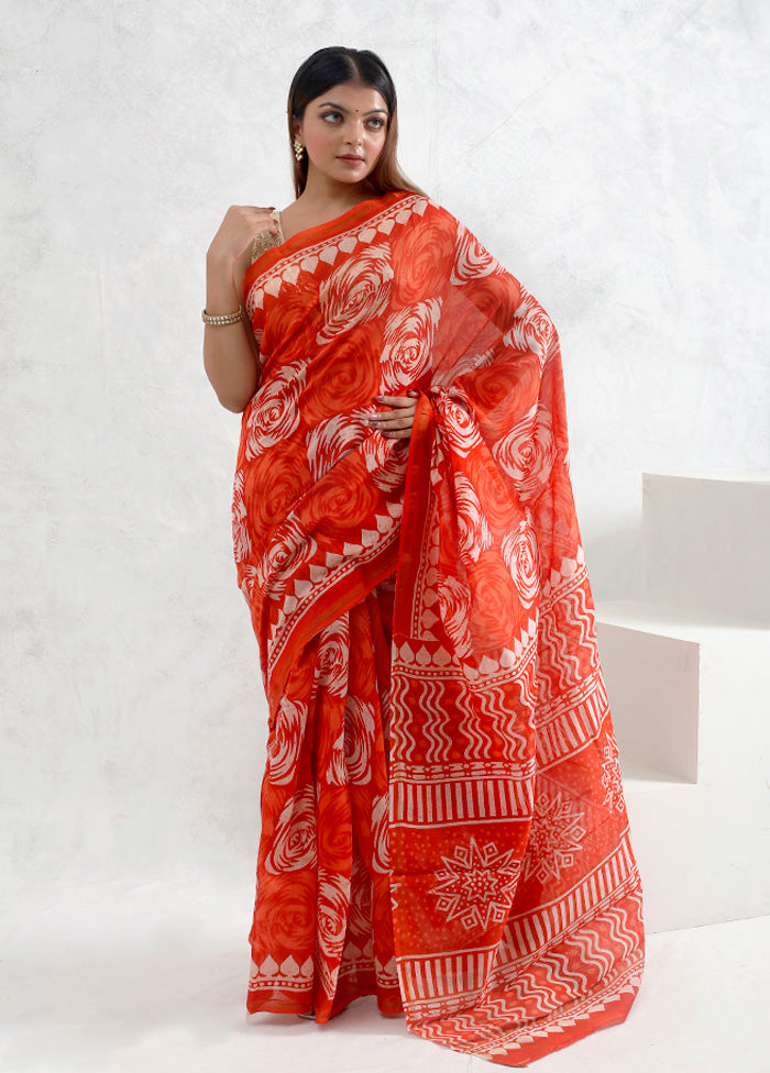 Orange Chanderi Cotton Saree With Blouse Piece - Indian Silk House Agencies