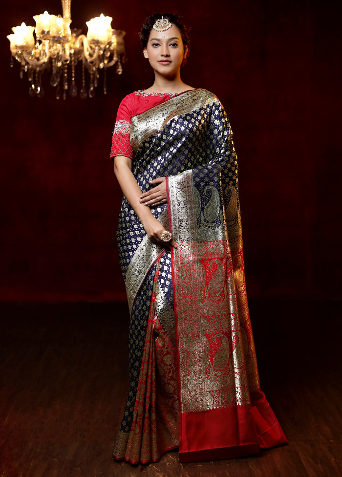 Black Banarasi Silk Saree With Blouse Piece - Indian Silk House Agencies