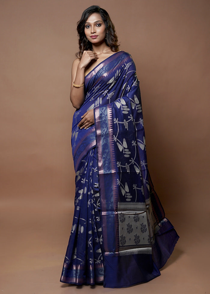 Blue Kora Silk Saree With Blouse Piece