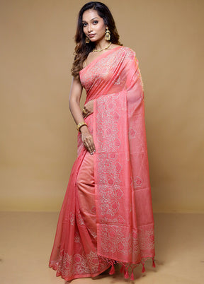 Pink Cotton Saree With Blouse Piece