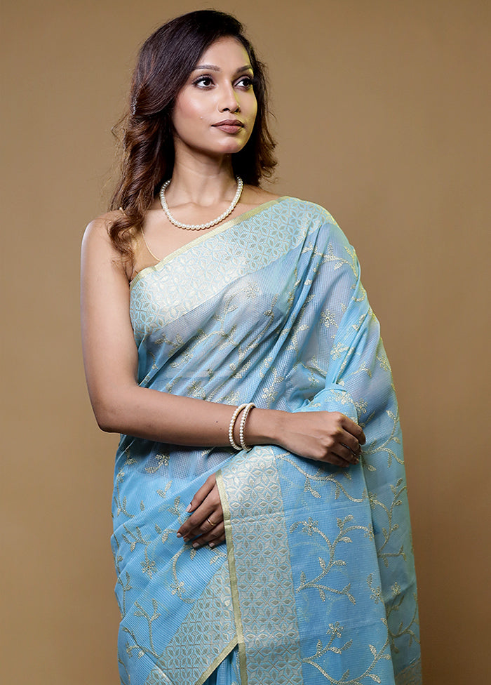 Blue Cotton Saree With Blouse Piece