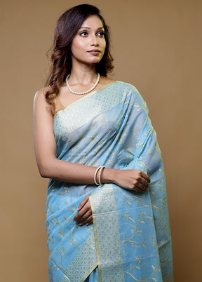 Blue Cotton Saree With Blouse Piece