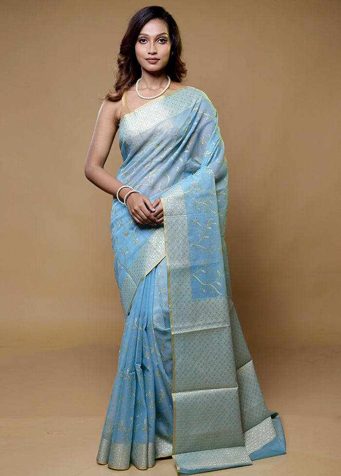 Blue Cotton Saree With Blouse Piece