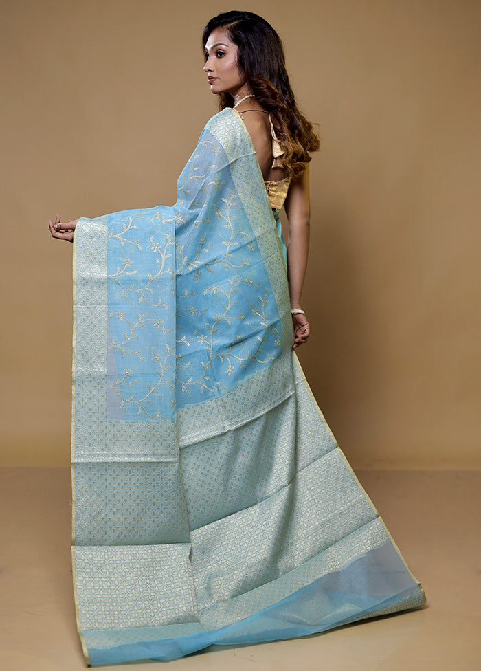 Blue Cotton Saree With Blouse Piece