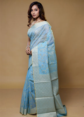 Blue Cotton Saree With Blouse Piece