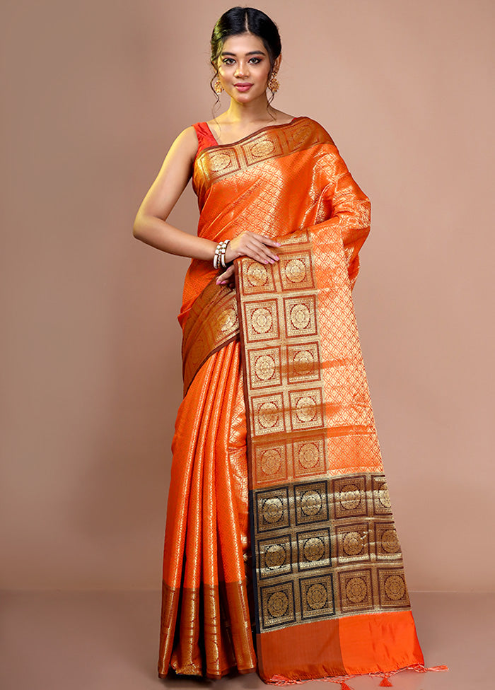 Orange Kora Silk Zari Woven Saree With Blouse - Indian Silk House Agencies