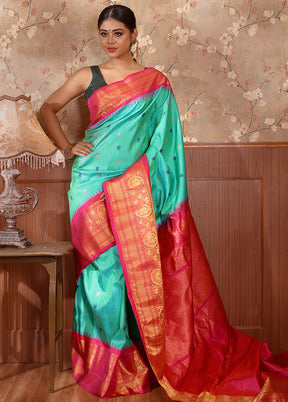 Aqua Blue And Pink Pure Gadwal Saree With Blouse Piece - Indian Silk House Agencies