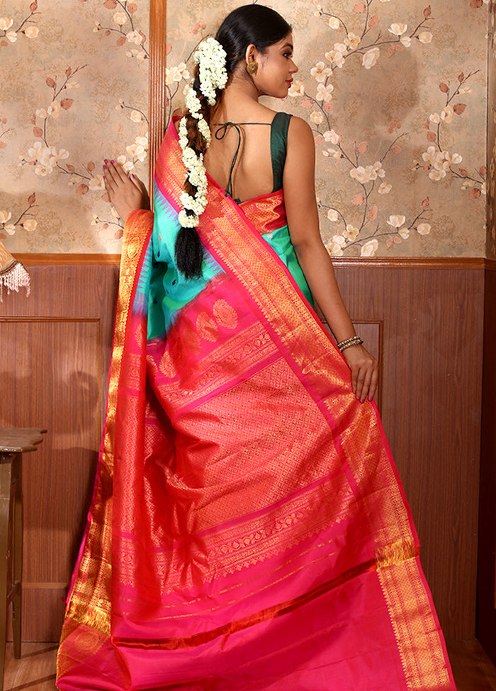 Aqua Blue And Pink Pure Gadwal Saree With Blouse Piece - Indian Silk House Agencies
