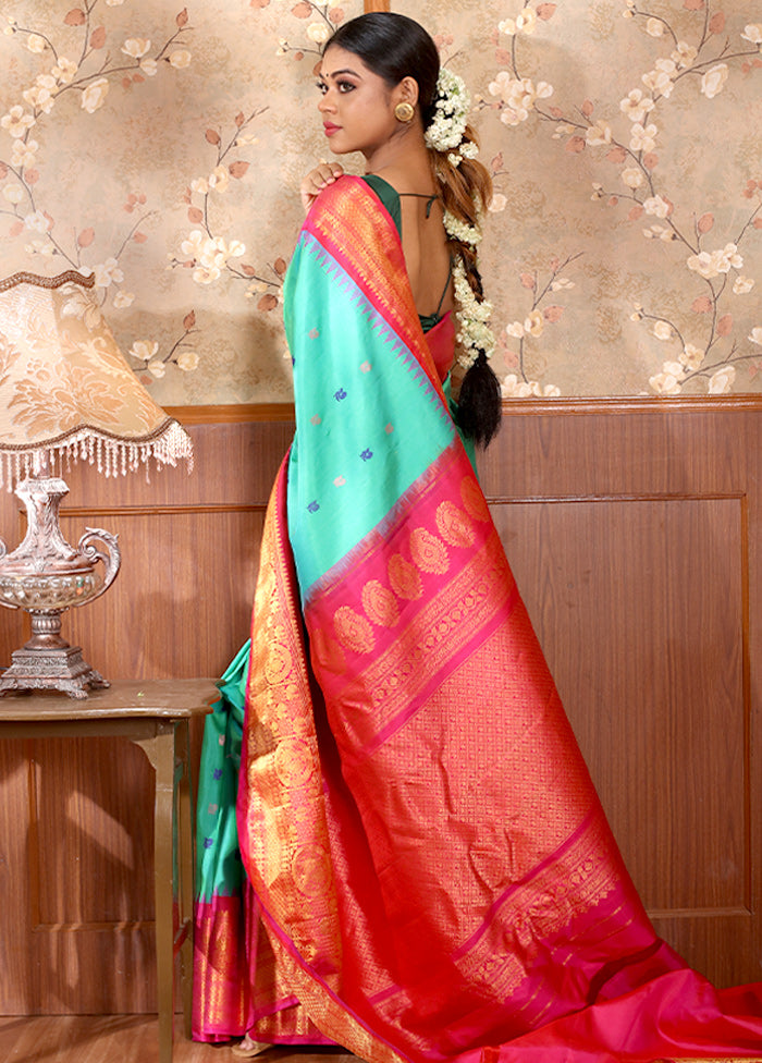 Aqua Blue And Pink Pure Gadwal Saree With Blouse Piece - Indian Silk House Agencies