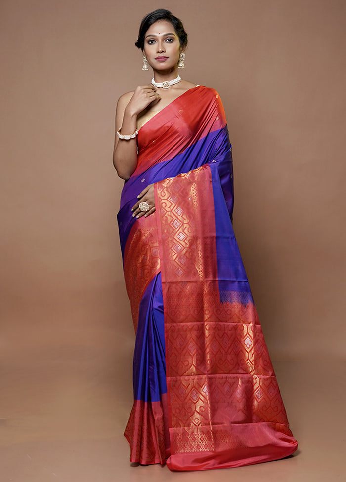 Purple Handloom Kanchipuram Pure Silk Saree With Blouse Piece