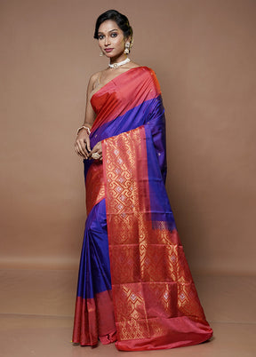 Purple Handloom Kanchipuram Pure Silk Saree With Blouse Piece