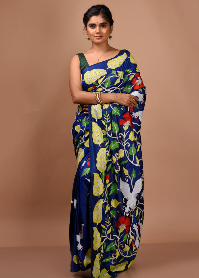 Blue Kantha Stitch Pure Silk Saree With Blouse Piece - Indian Silk House Agencies