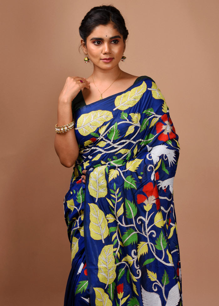 Blue Kantha Stitch Pure Silk Saree With Blouse Piece - Indian Silk House Agencies