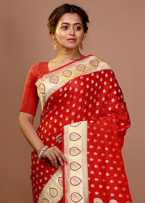Red Banarasi Pure Silk Zari Woven Saree With Blouse Piece - Indian Silk House Agencies