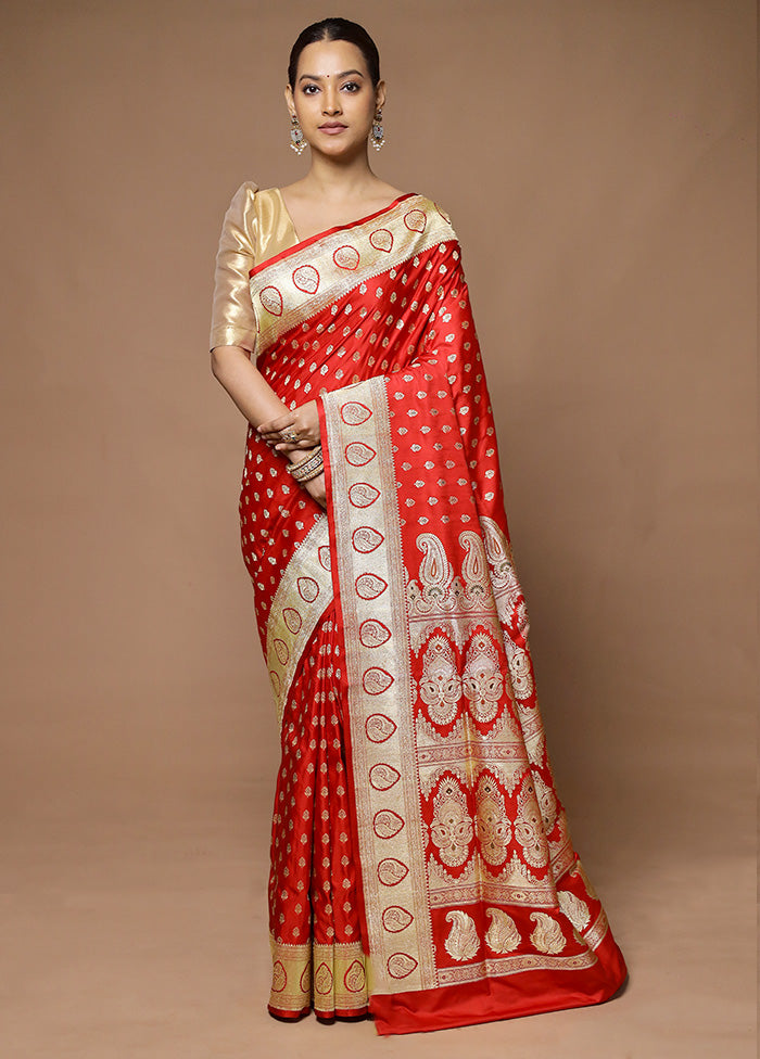 Red Handloom Banarasi Pure Silk Saree With Blouse Piece