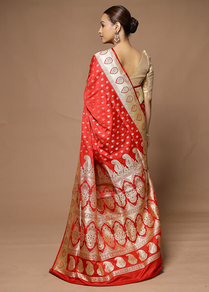 Red Handloom Banarasi Pure Silk Saree With Blouse Piece