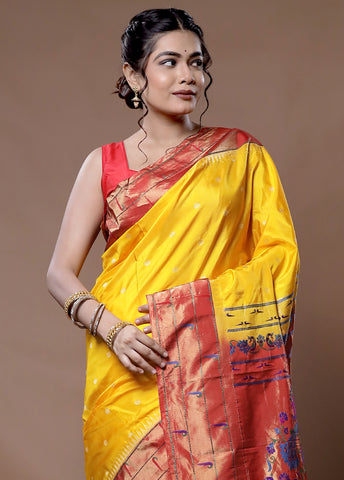 Yellow Pure Paithani Kanjivaram Silk Saree With Blouse Piece