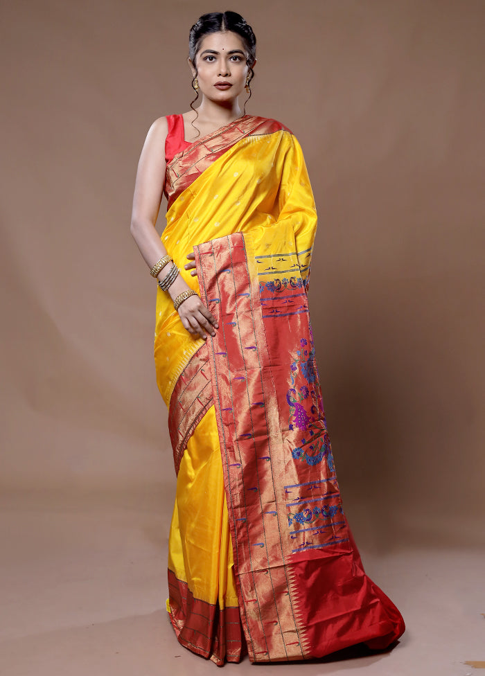 Yellow Pure Paithani Kanjivaram Silk Saree With Blouse Piece