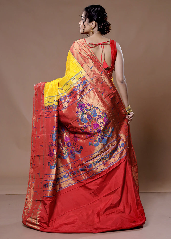 Yellow Pure Paithani Kanjivaram Silk Saree With Blouse Piece - Indian Silk House Agencies