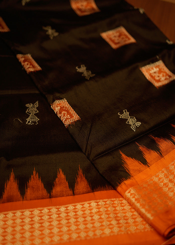 Black Bomkai Pure Silk Saree With Blouse Piece - Indian Silk House Agencies