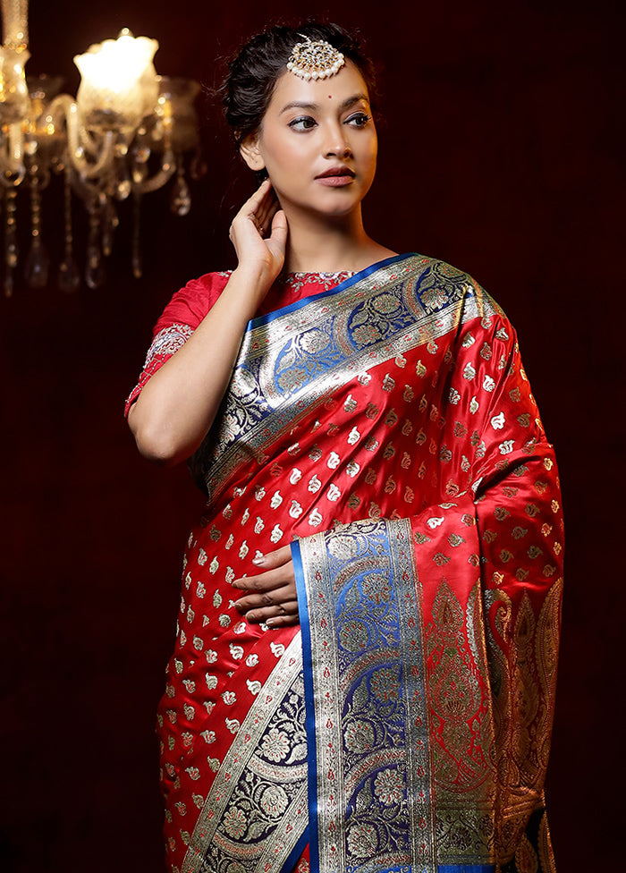 Red Banarasi Silk Saree With Blouse Piece - Indian Silk House Agencies