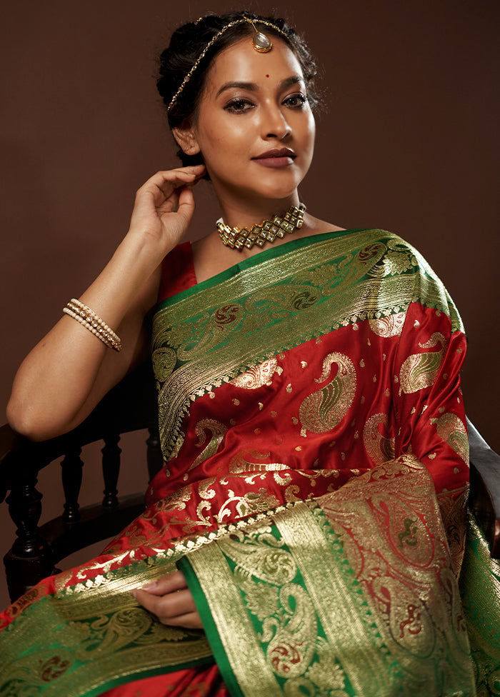 Red Banarasi Silk Saree With Blouse Piece - Indian Silk House Agencies