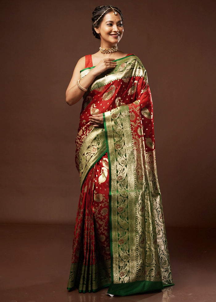 Red Banarasi Silk Saree With Blouse Piece - Indian Silk House Agencies