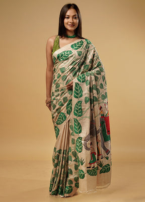 Cream Kantha Stitch Pure Silk Saree With Blouse Piece