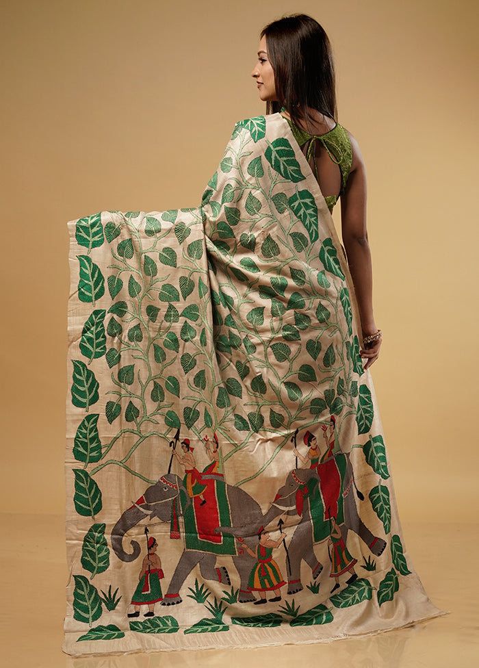 Cream Kantha Stitch Pure Silk Saree With Blouse Piece