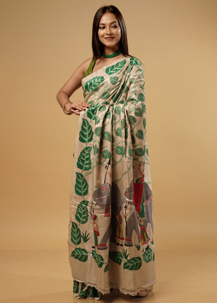 Cream Kantha Stitch Pure Silk Saree With Blouse Piece