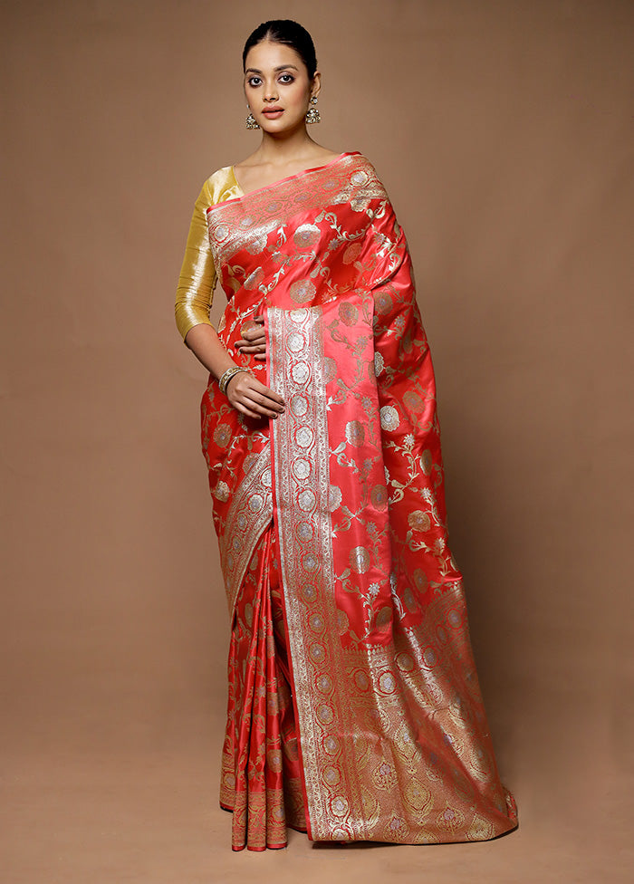 Pink Banarasi Silk Saree With Blouse Piece