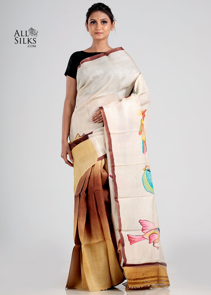 Cream Printed Tussar Silk Saree With Blouse Piece - Indian Silk House Agencies