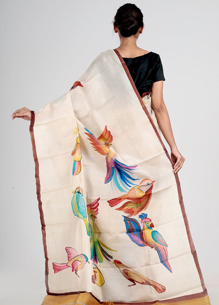 Cream Printed Tussar Silk Saree With Blouse Piece - Indian Silk House Agencies