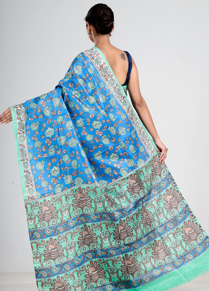 Blue Printed Tussar Silk Saree With Blouse Piece - Indian Silk House Agencies