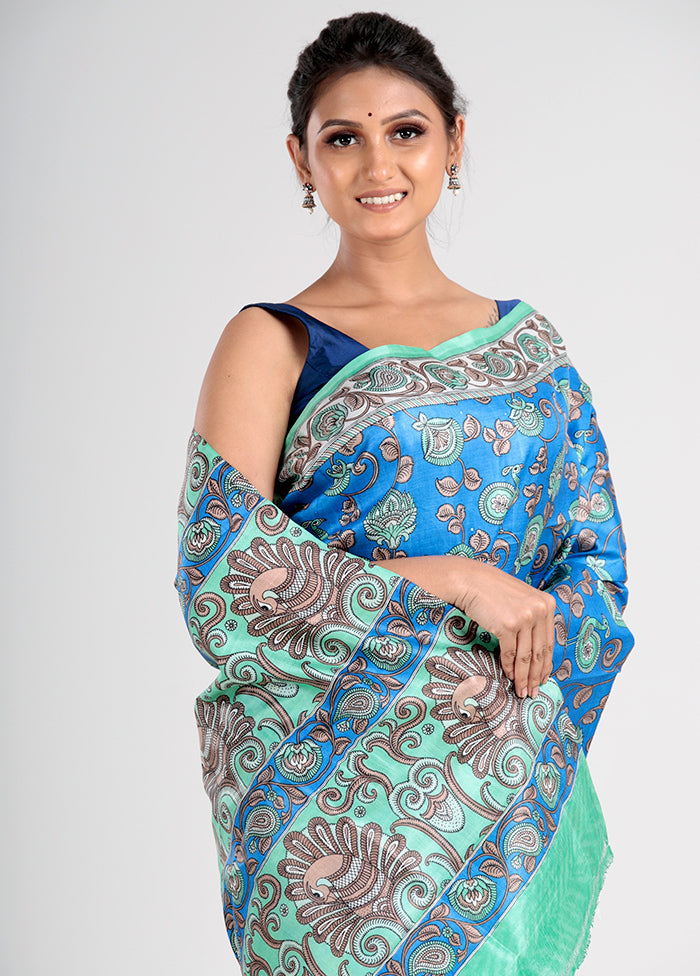 Blue Printed Tussar Silk Saree With Blouse Piece - Indian Silk House Agencies