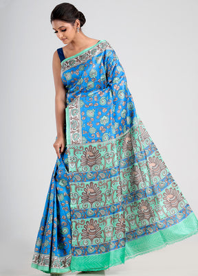 Blue Printed Tussar Silk Saree With Blouse Piece - Indian Silk House Agencies