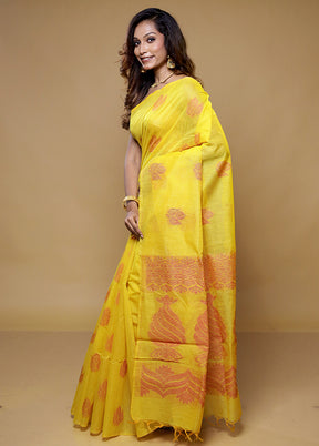 Yellow Dupion Silk Saree With Blouse Piece