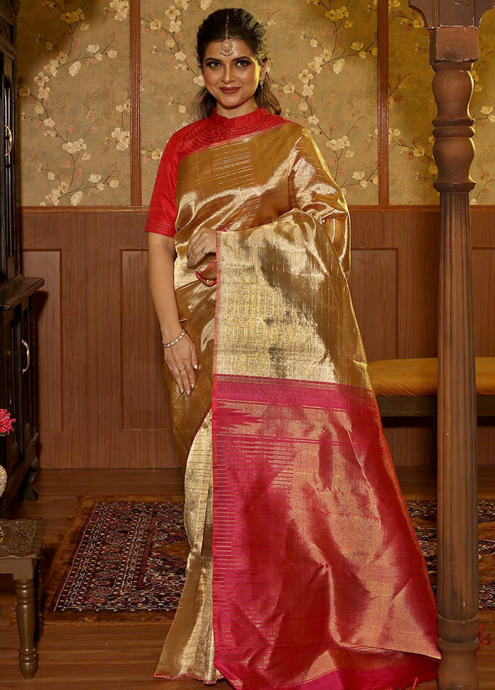 Golden Pure Kanchipuram Silk Saree With Blouse Piece - Indian Silk House Agencies