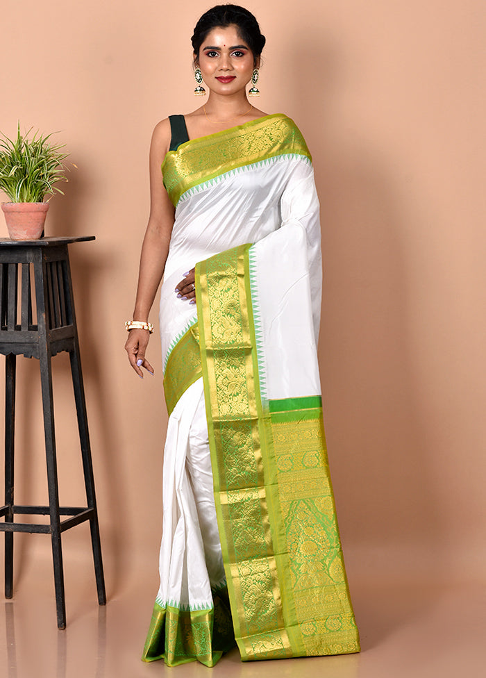 White Pure Kanjivaram Silk Saree With Blouse Piece - Indian Silk House Agencies